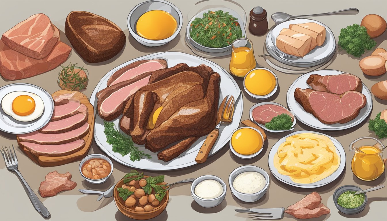 A table set with various cuts of meat, eggs, and animal products, alongside a calendar indicating meal timing