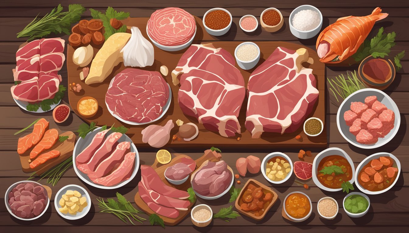 A carnivore's meal spread with raw meats and organ meats on a wooden table, surrounded by bones and a variety of fresh, whole animal-based foods