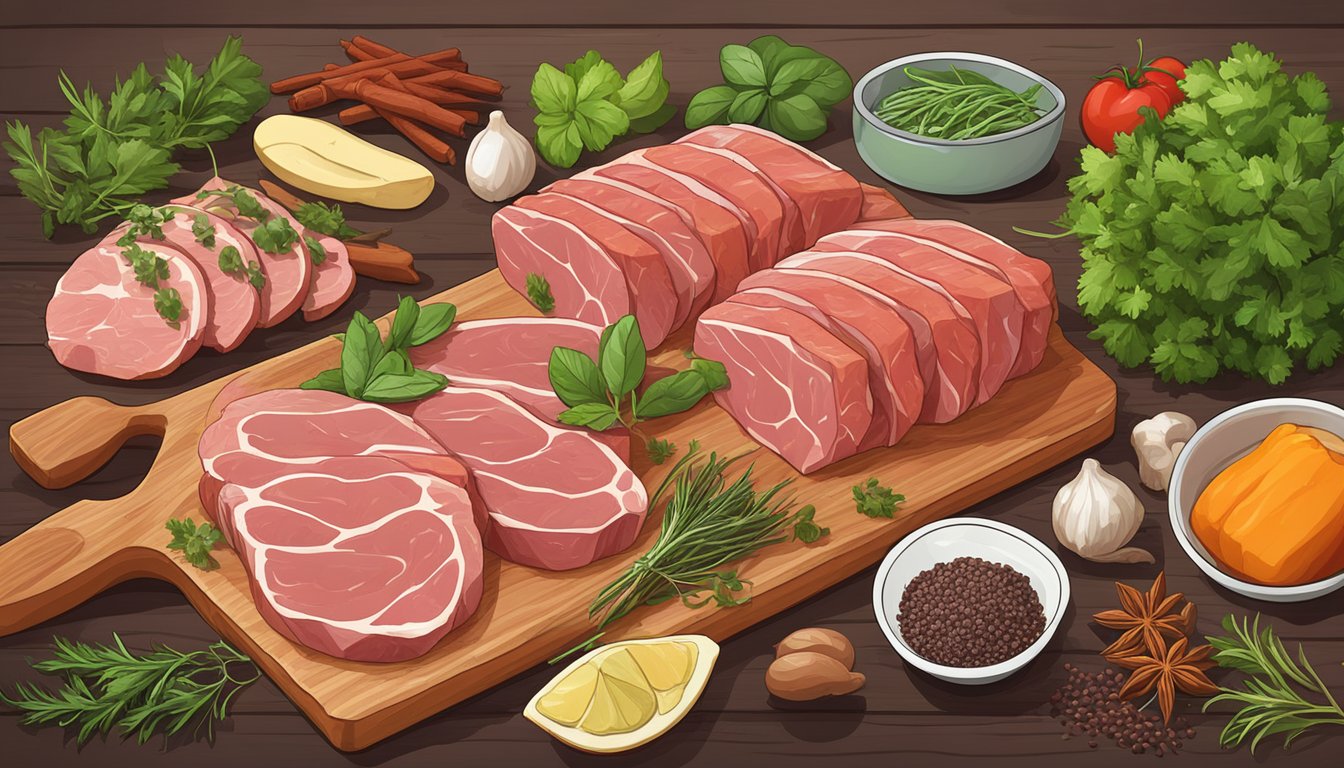 A carnivore diet: A variety of raw meats arranged on a wooden cutting board, surrounded by fresh herbs and spices