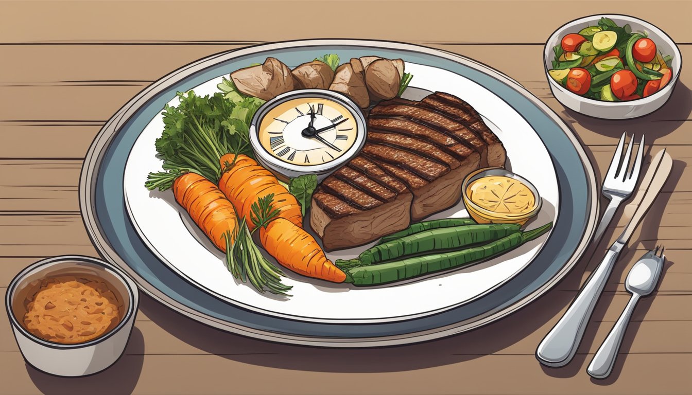 A plate of grilled meat and vegetables, surrounded by a clock showing specific meal times