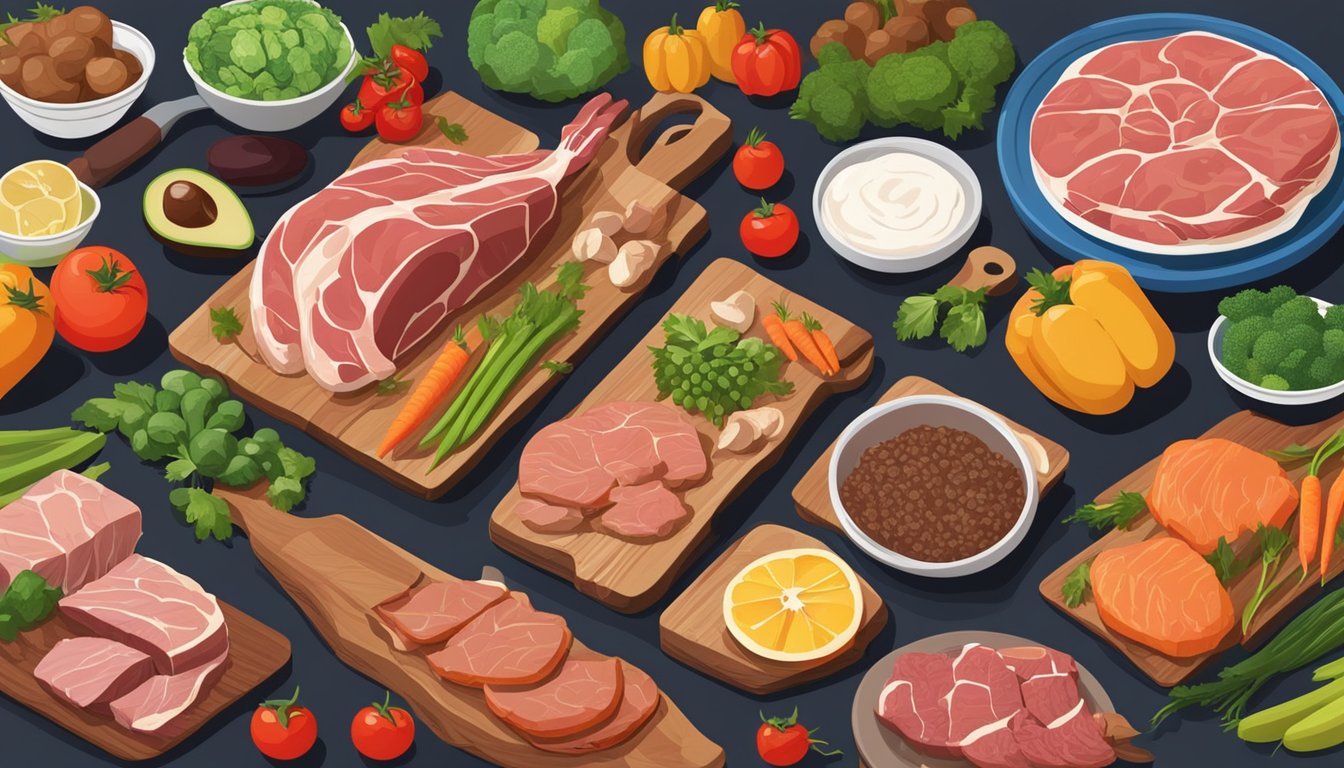 A variety of raw and cooked meats spread out on a wooden table, surrounded by colorful vegetables and fruits. A carnivore's guide to a diverse diet