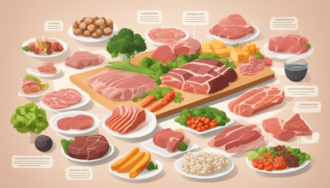 A variety of raw meats arranged in a mathematical equation, surrounded by food groups and nutritional information