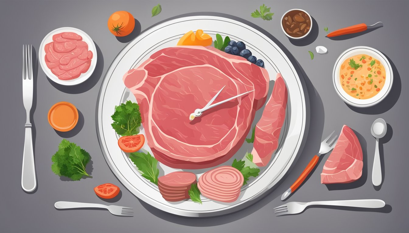 A plate of raw meat surrounded by a clock showing different meal times