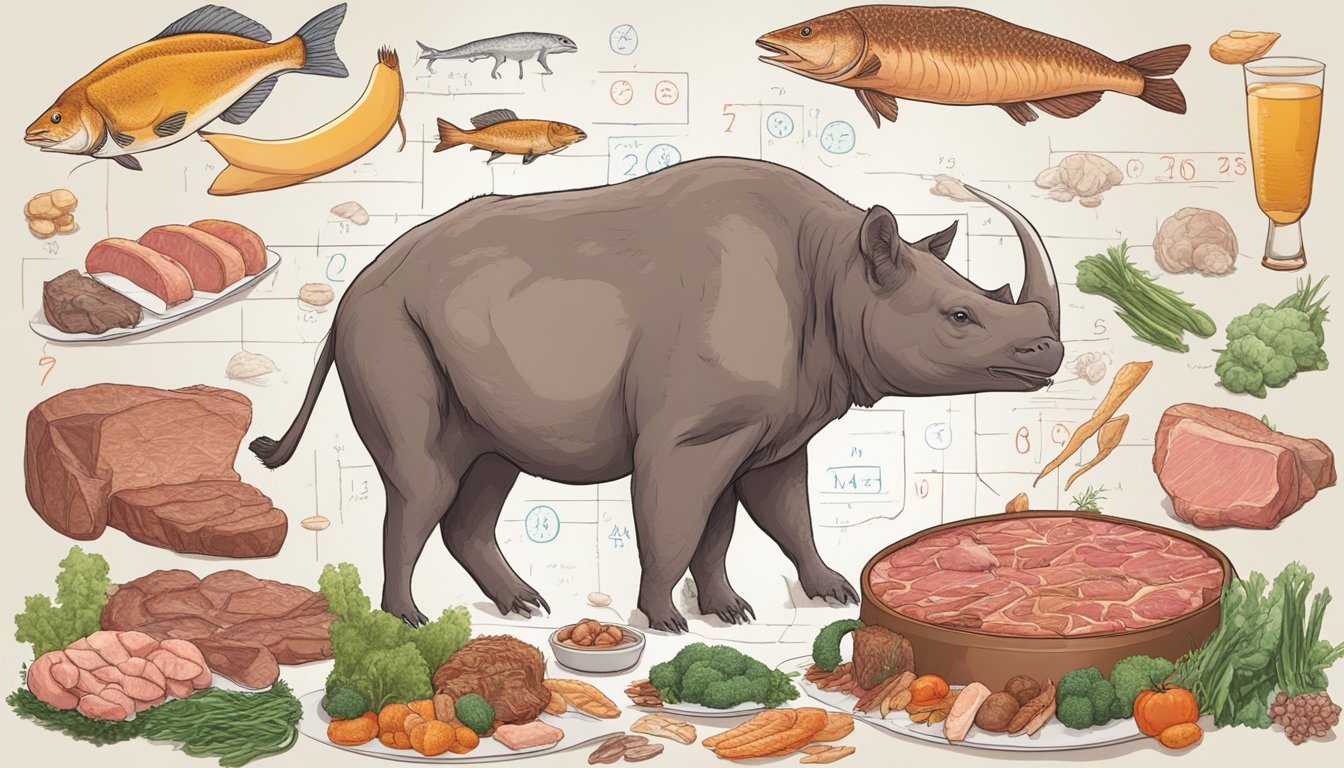 A carnivorous animal surrounded by various types of meat, with mathematical equations floating in the background