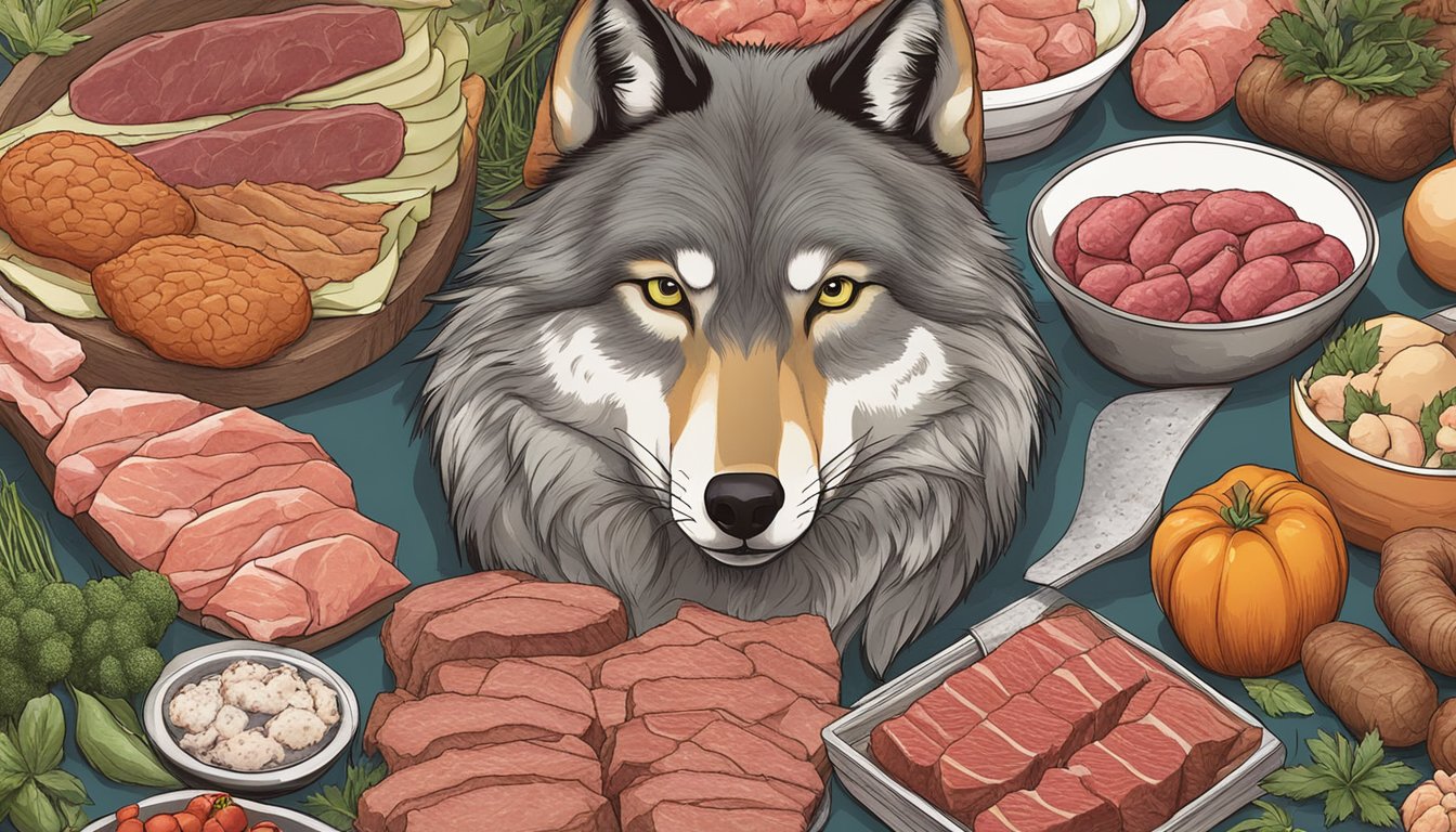 A wolf surrounded by a variety of raw meats, including beef, chicken, and fish