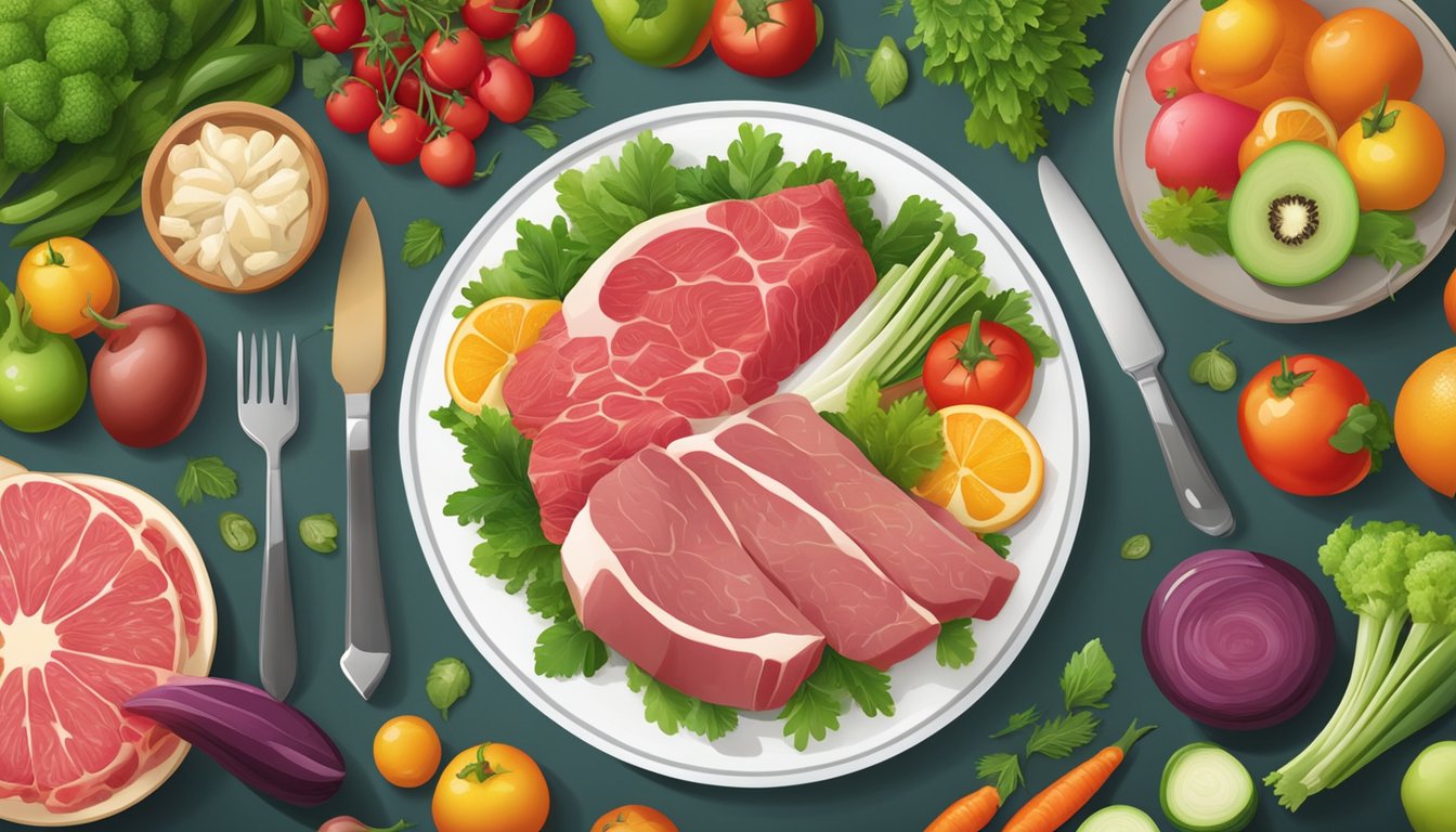 A plate with raw meat and bones, surrounded by a variety of fresh vegetables and fruits, set against a backdrop of a natural, outdoor setting