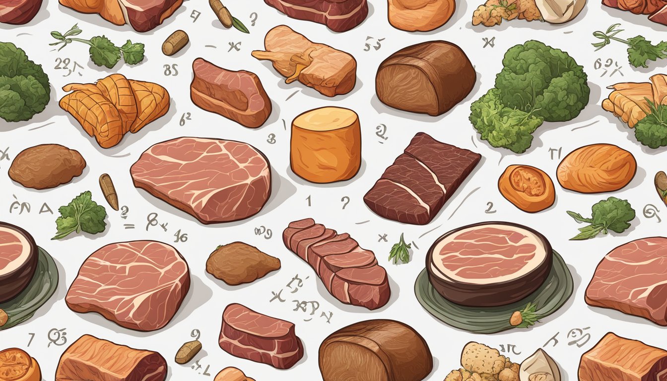 A variety of meats arranged in a mathematical equation-like pattern