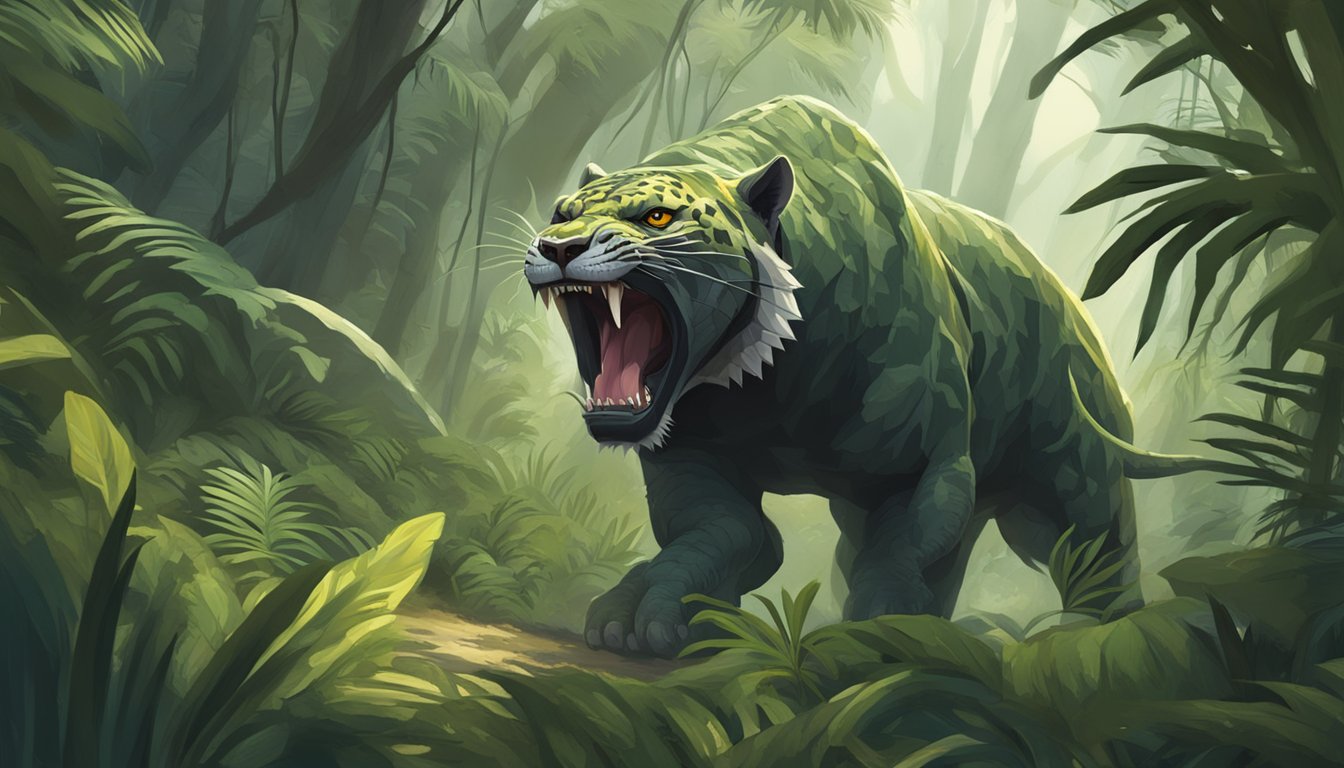 A ferocious megaguard prowls through a dense jungle, its sharp teeth bared as it hunts for its next meal