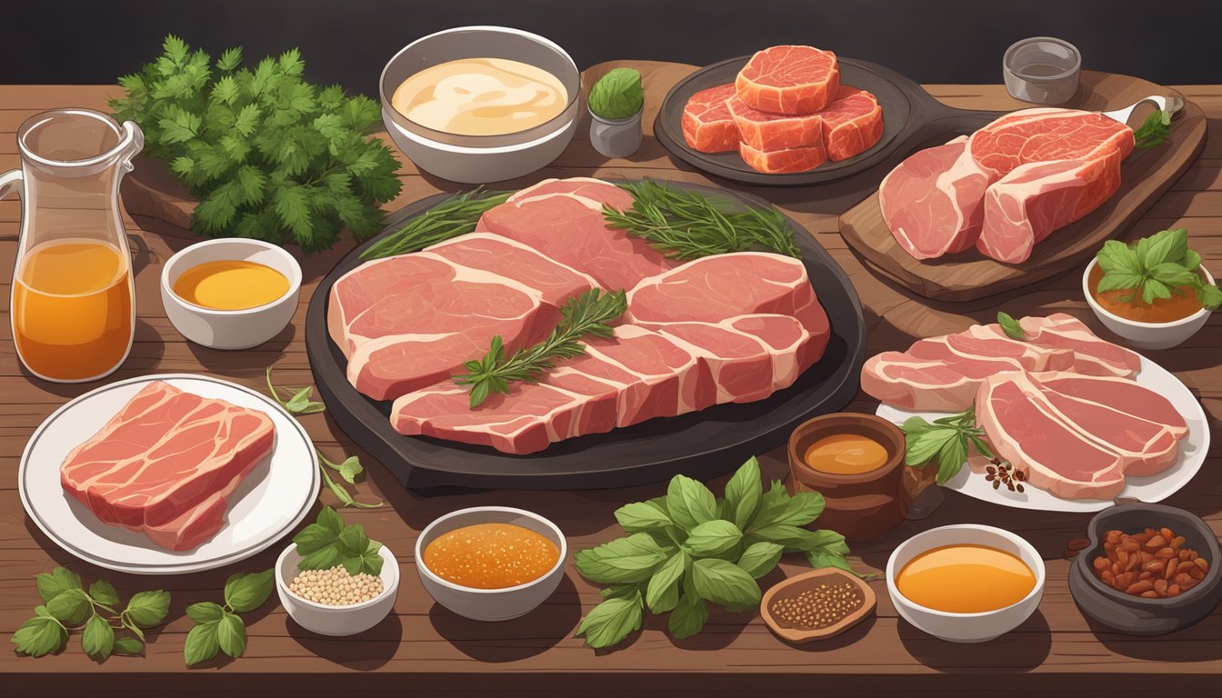 A variety of raw and cooked meats arranged on a wooden table, surrounded by fresh herbs, spices, and bone broth