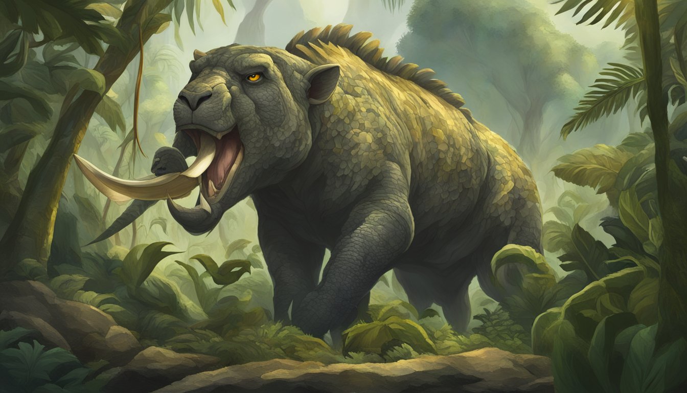 Megaguard, a fierce warrior, feasts on raw meat in a prehistoric jungle