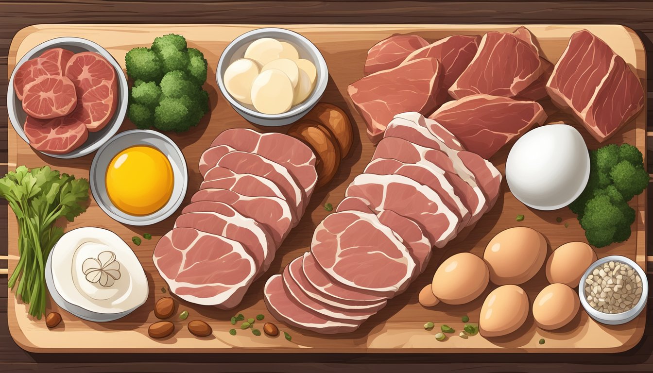 A carnivore diet meal plan with various cuts of meat, eggs, and animal-based fats arranged on a wooden cutting board