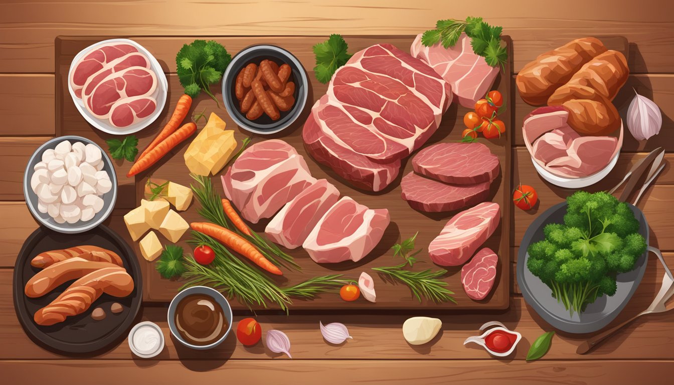 A variety of raw and cooked meats arranged on a wooden table, including steaks, ribs, sausages, and poultry