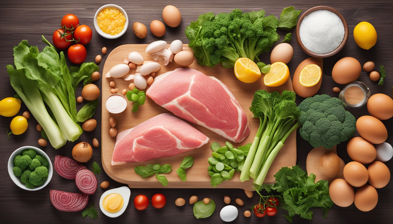 A variety of fresh, raw meat, fish, and eggs arranged on a wooden cutting board, surrounded by vibrant green vegetables and fruits