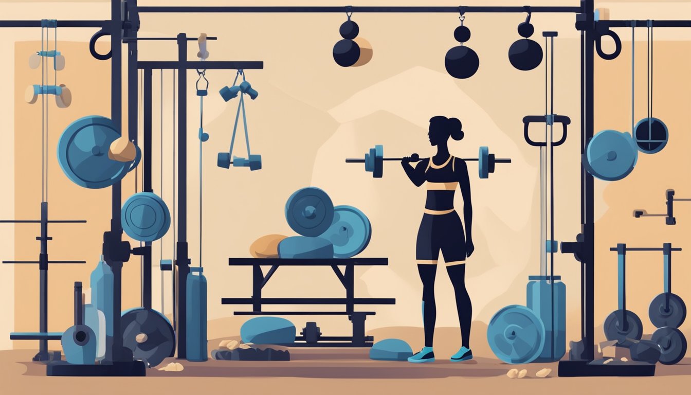 A woman's silhouette surrounded by various animal protein sources and weightlifting equipment