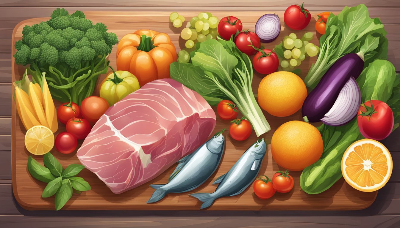 A variety of fresh, colorful vegetables and fruits arranged on a wooden cutting board, surrounded by raw meat and seafood