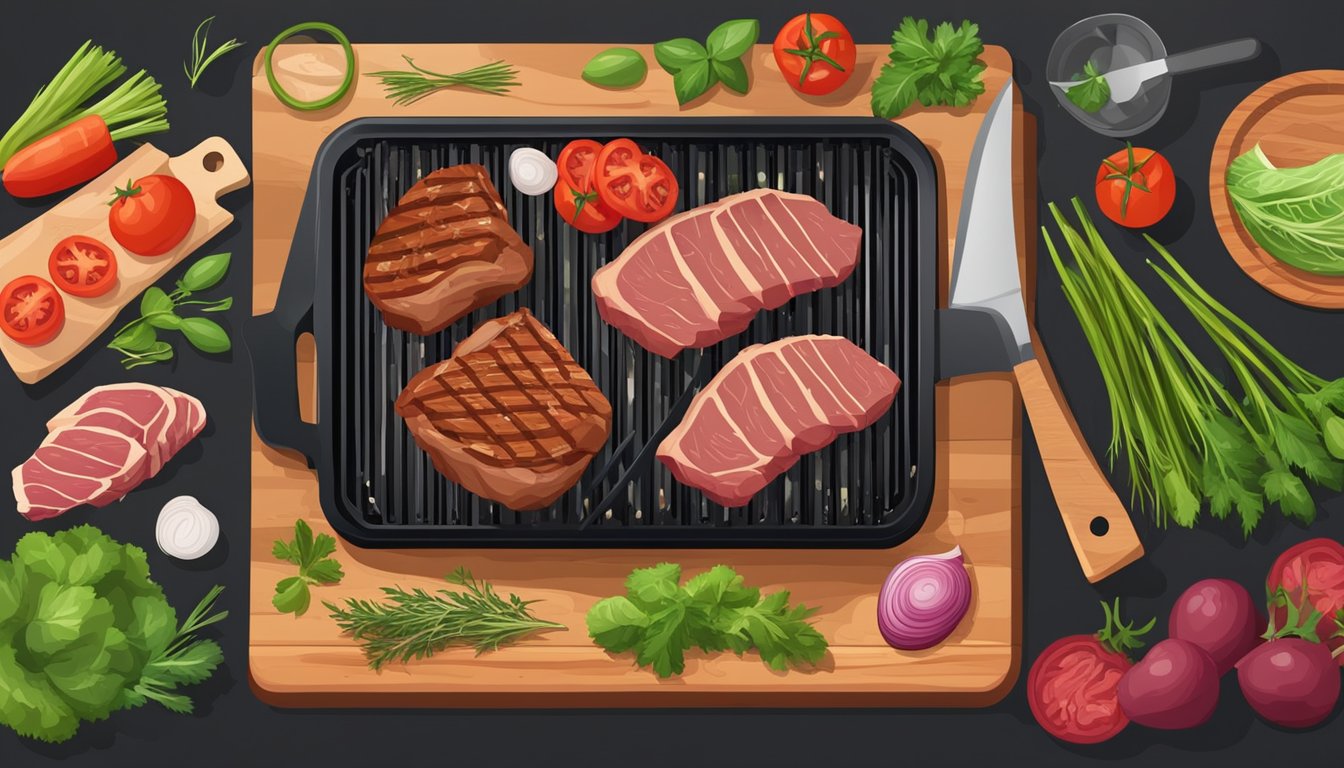 A grill sizzling with various cuts of meat, surrounded by an assortment of fresh vegetables and herbs. A butcher's block with sharp knives and a meat cleaver