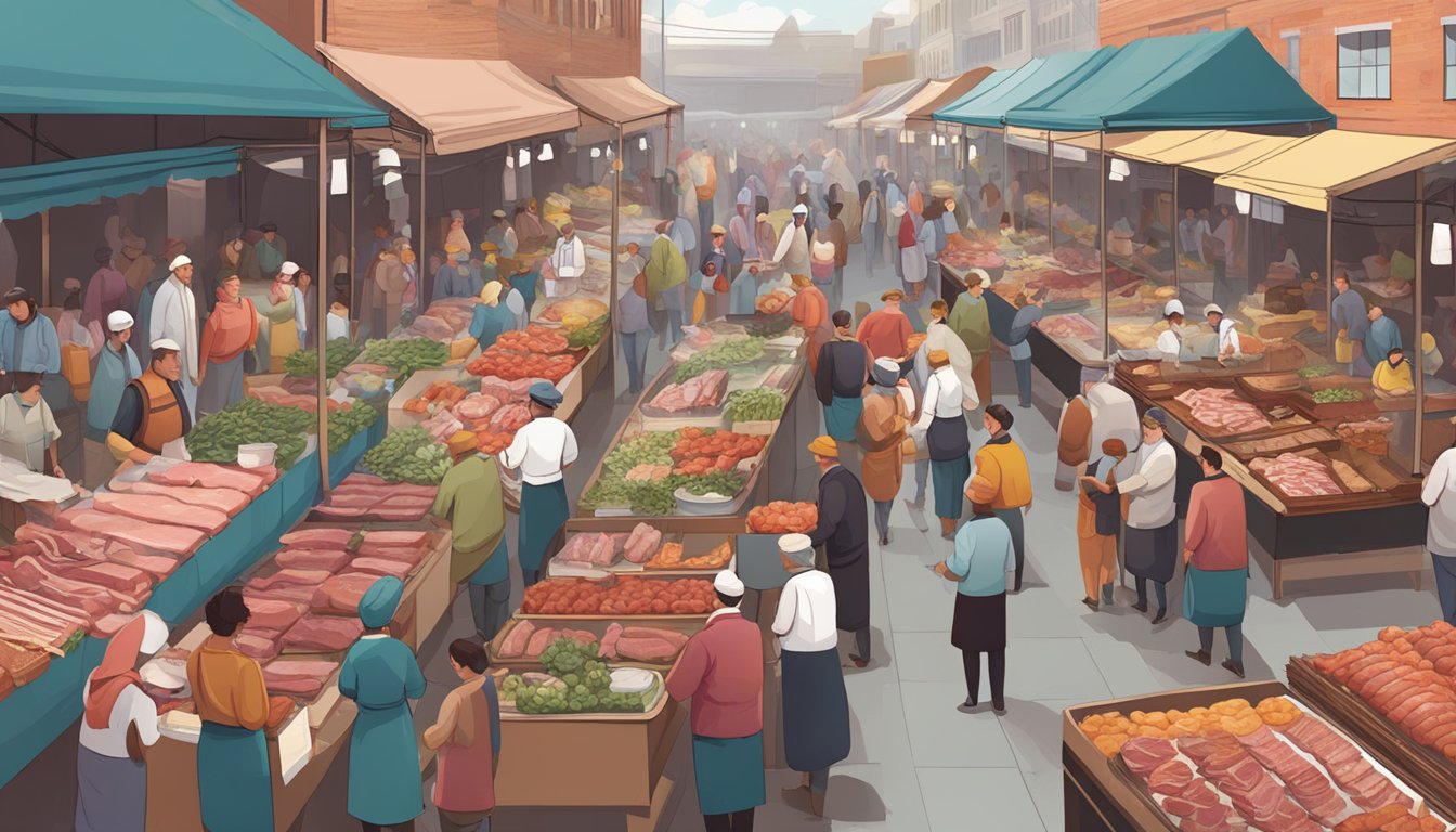 A bustling market with rows of butcher stalls, showcasing an array of fresh meats and cuts. Customers gather, chatting and exchanging recipes