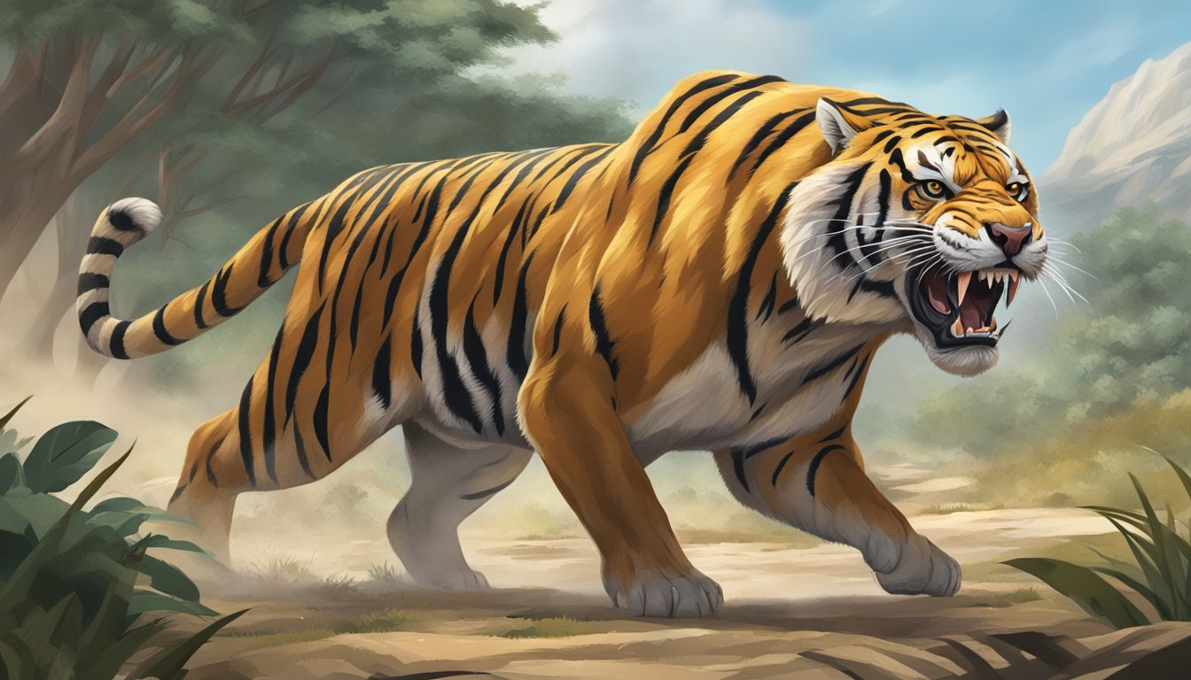 A ferocious saber-toothed tiger prowling through a prehistoric landscape, its sharp teeth and powerful physique embodying the carnivore diet