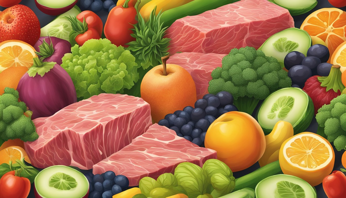 A close-up of a piece of raw meat surrounded by various fruits and vegetables, with a focus on the textures and colors of the food items