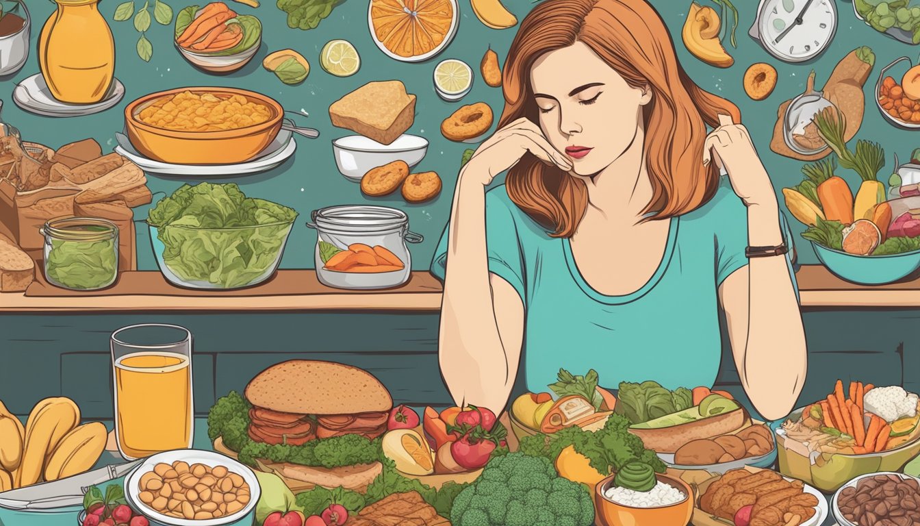 A woman surrounded by various food items, contemplating the risks and benefits of a carnivore diet during menopause