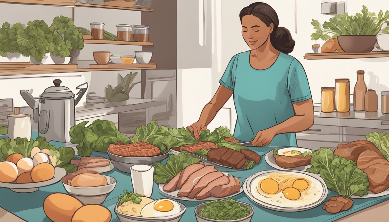 A table set with various meats, eggs, and leafy greens. A woman in her mid-40s prepares a meal, focusing on high-protein and low-carb options