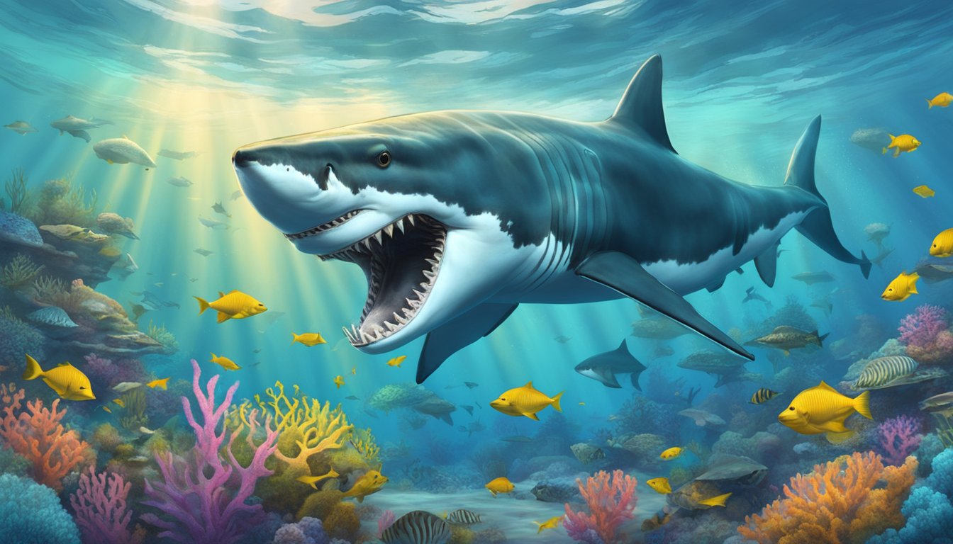 A fierce megalodon hunts for high-quality marine prey in a vibrant coral reef