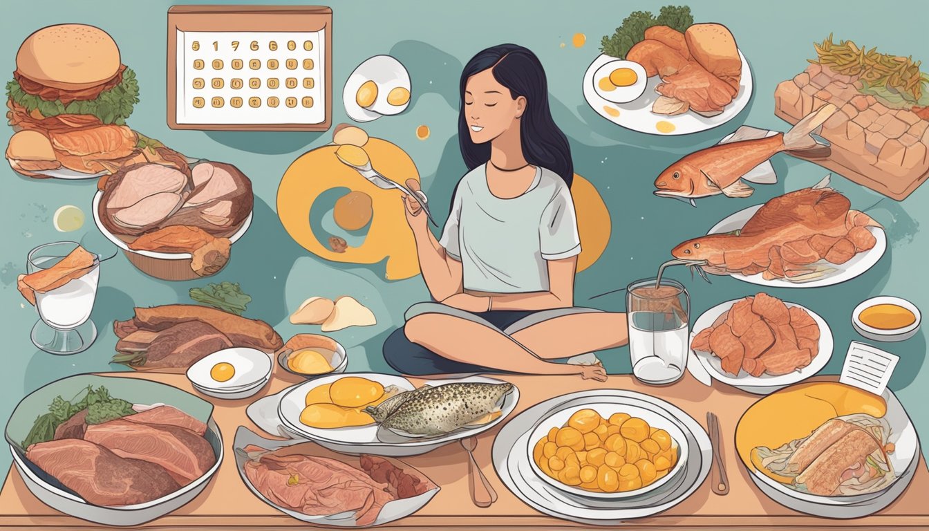 A woman eating a variety of meat, fish, and eggs surrounded by a calendar showing the different phases of the menstrual cycle