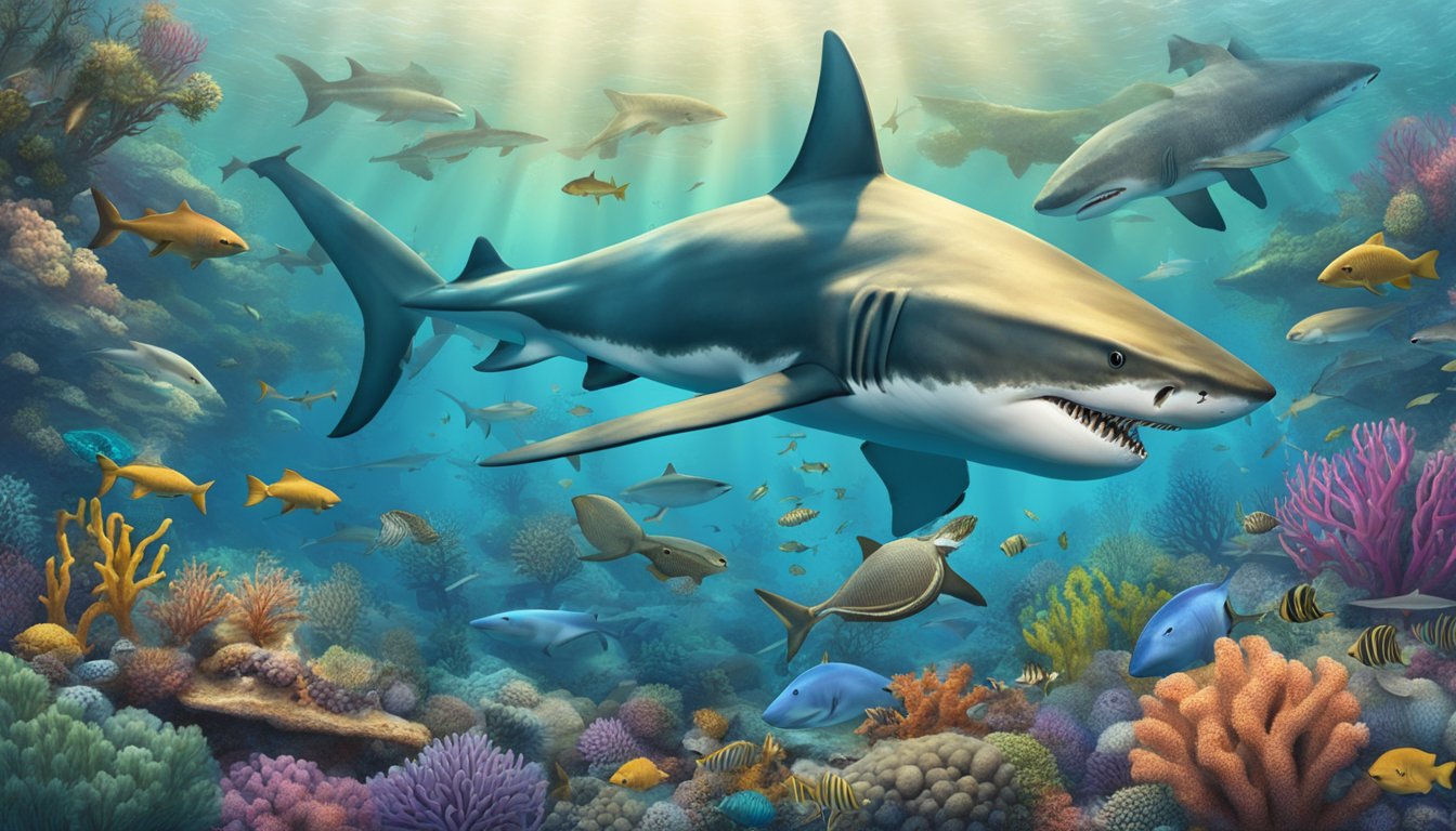 A massive prehistoric shark feasting on a variety of marine creatures in a vibrant coral reef ecosystem