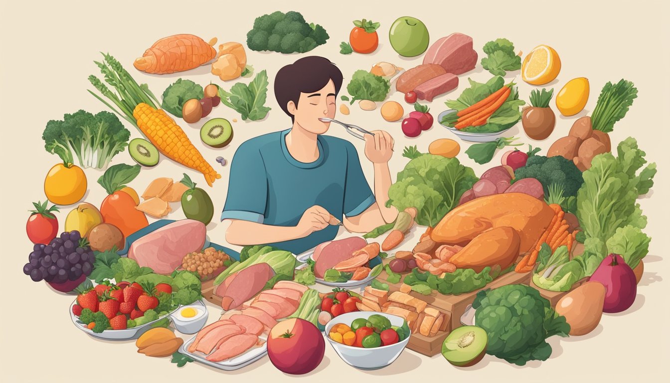 A person eating a variety of meats, fish, and eggs, surrounded by fruits and vegetables. They are avoiding grains, dairy, and processed foods