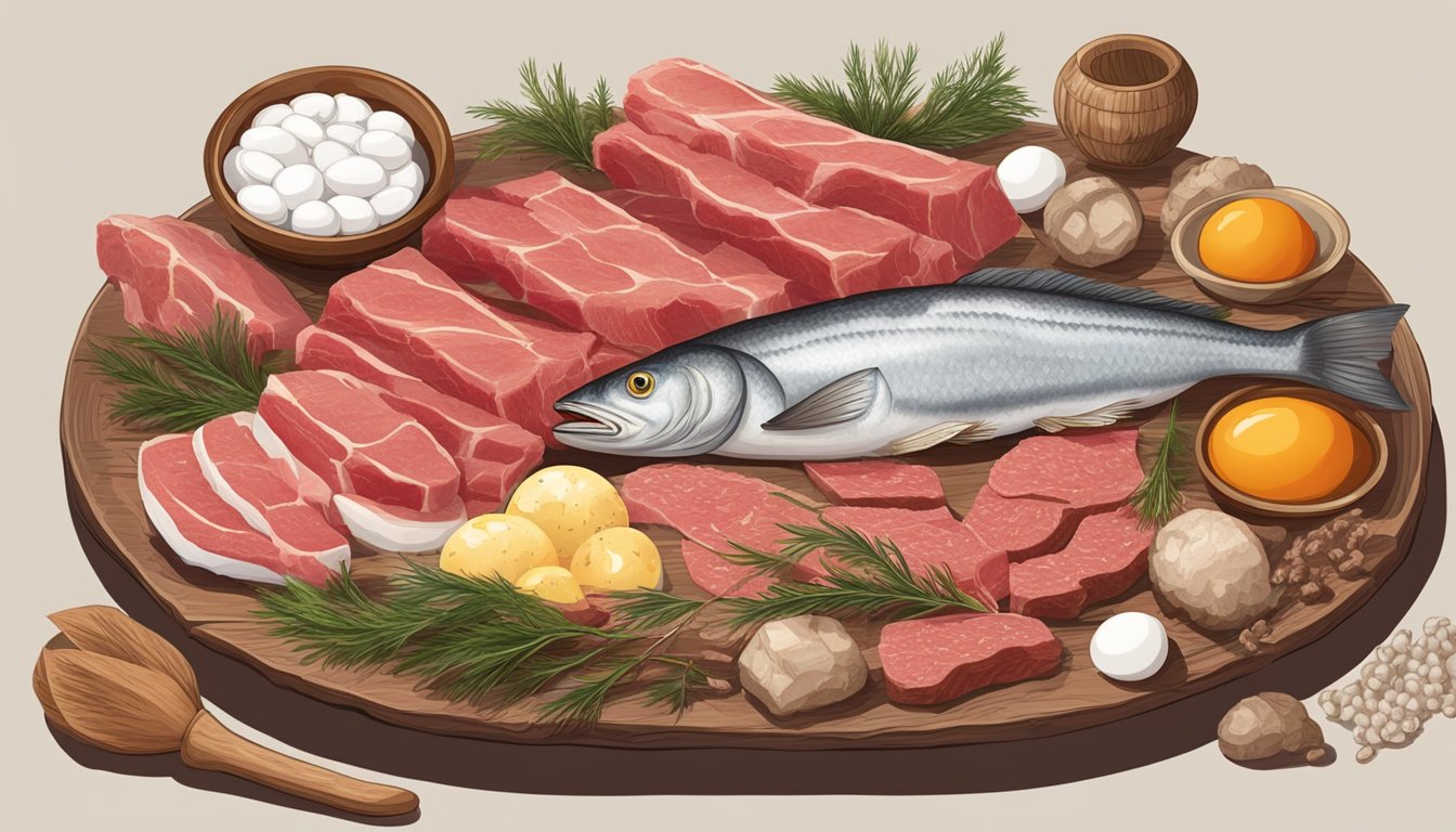 A table with raw meat, fish, and eggs, surrounded by bones and animal hides