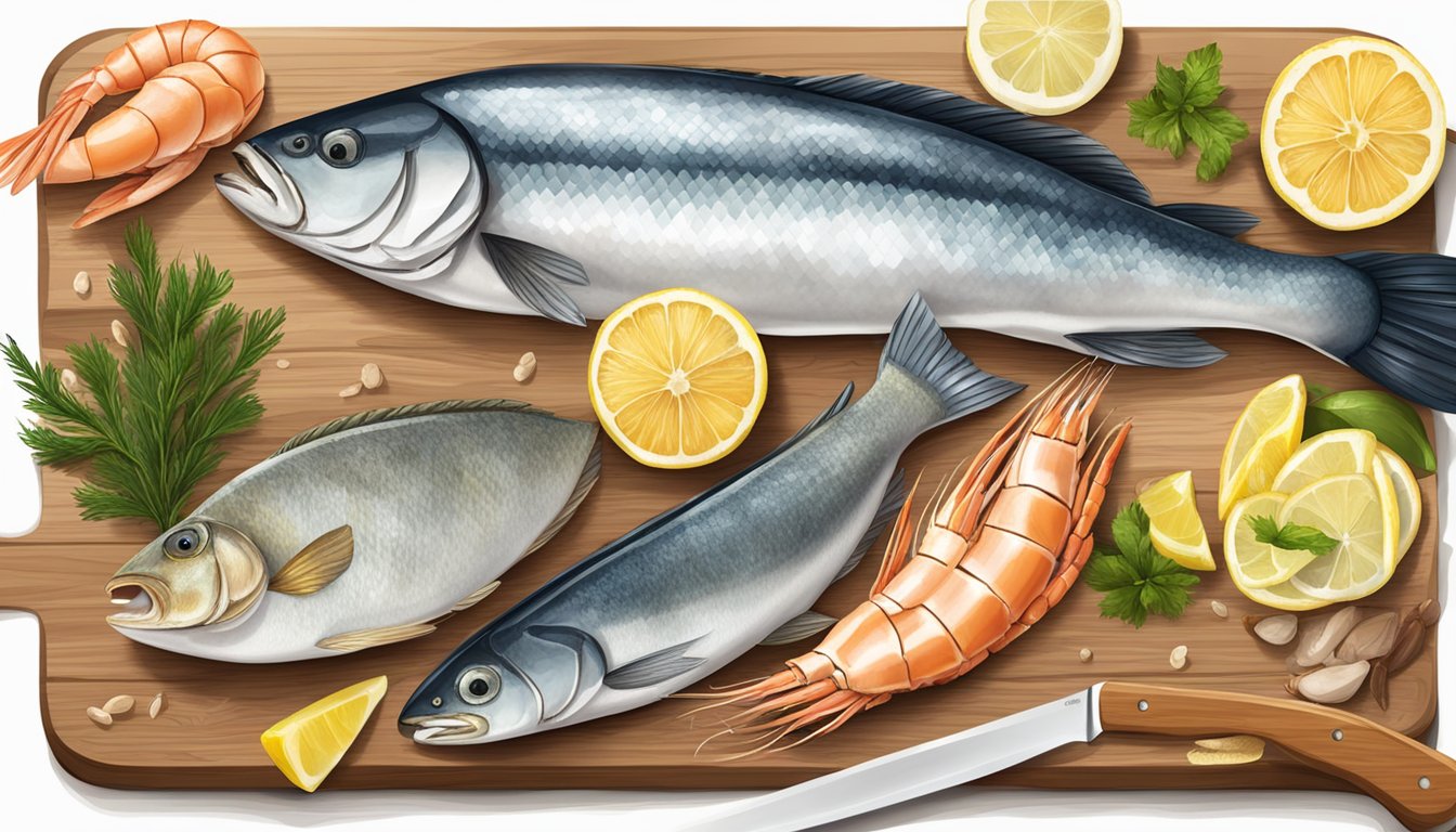 A variety of seafood including fish, shrimp, and shellfish laid out on a wooden cutting board with a knife and lemon slices