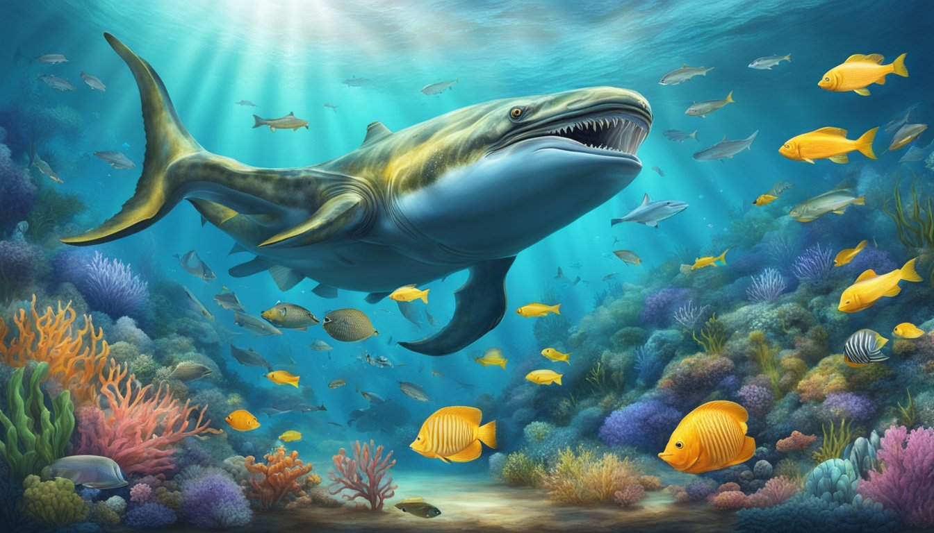 A massive marine creature feasting on a variety of fish and other sea creatures, surrounded by a vibrant underwater ecosystem