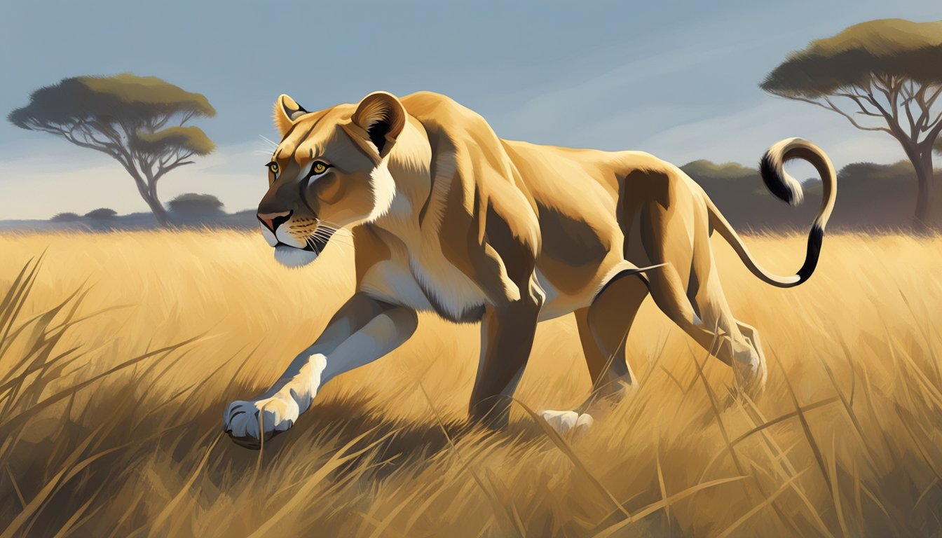 A lioness prowls through the savanna, her sleek muscles rippling beneath her fur. A fresh kill lies at her feet, evidence of her successful hunt on her carnivore diet. The sun beats down, casting long shadows across the grassland