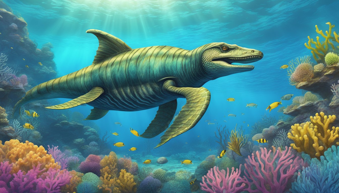 A massive prehistoric marine reptile hunting fish in a vibrant coral reef