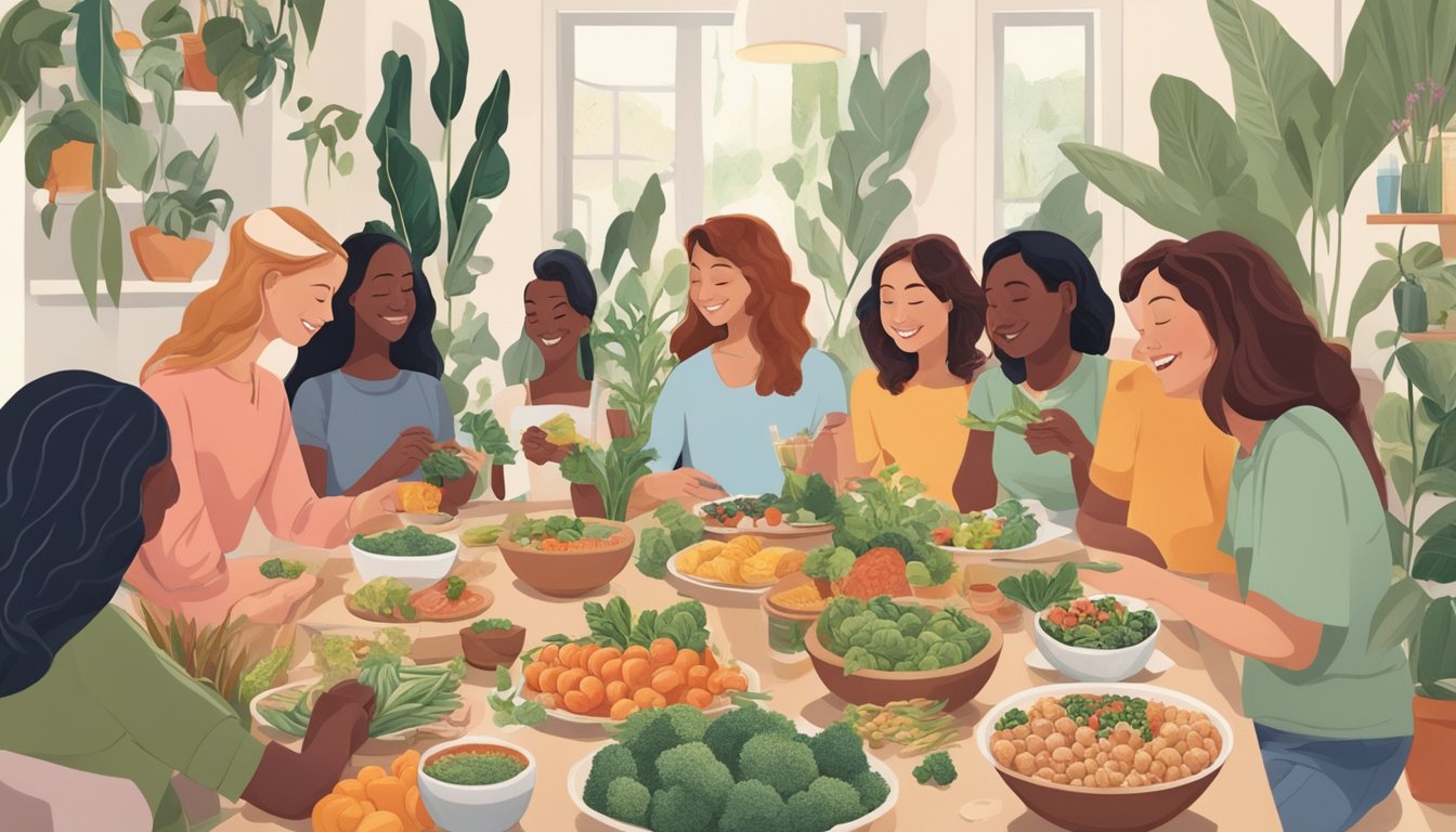 A woman enjoying a variety of plant-based foods while surrounded by supportive friends and family