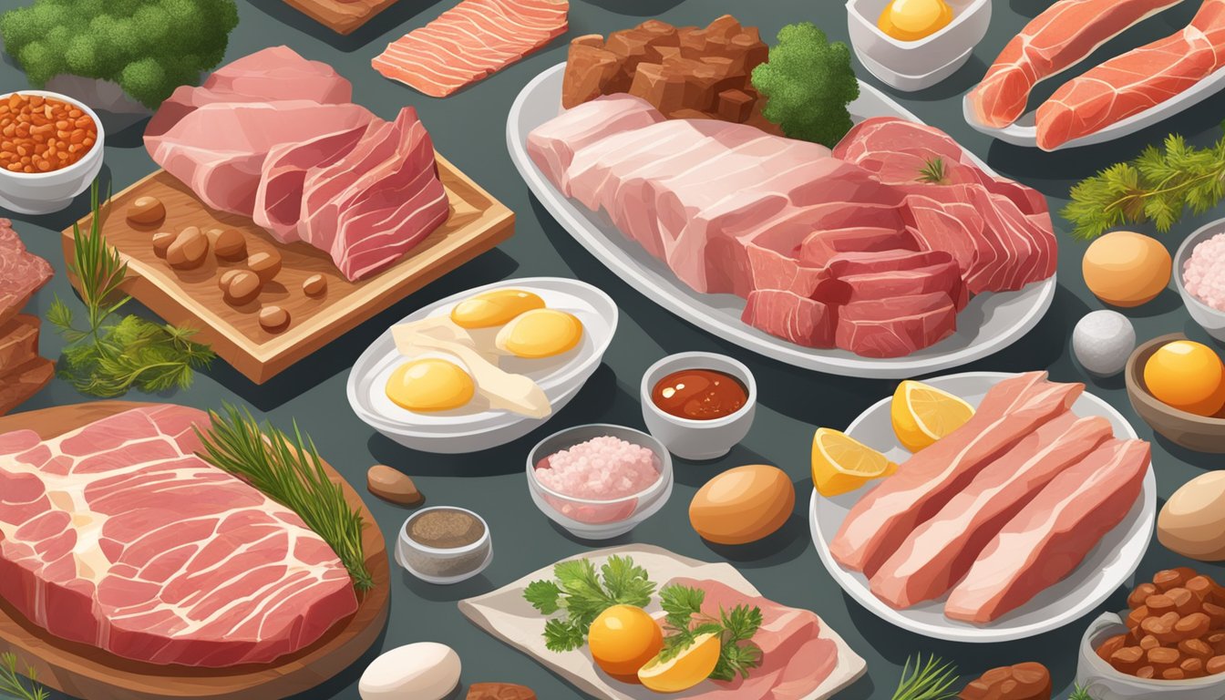 A table with various mineral-rich foods such as meat, fish, eggs, and organ meats arranged in an organized and visually appealing manner