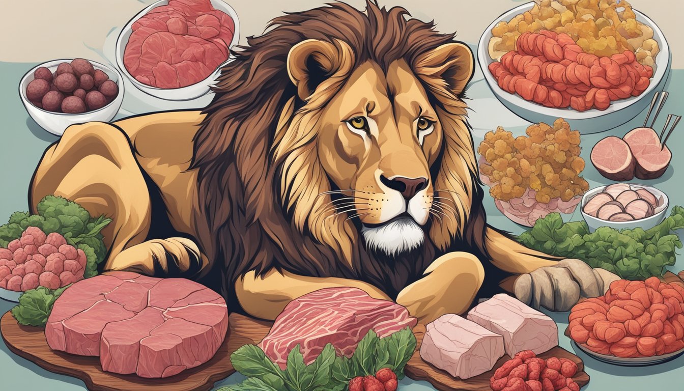 A lion with a focused gaze, surrounded by a variety of fresh raw meat, symbolizing the mental clarity of a carnivore diet for optimal brain health