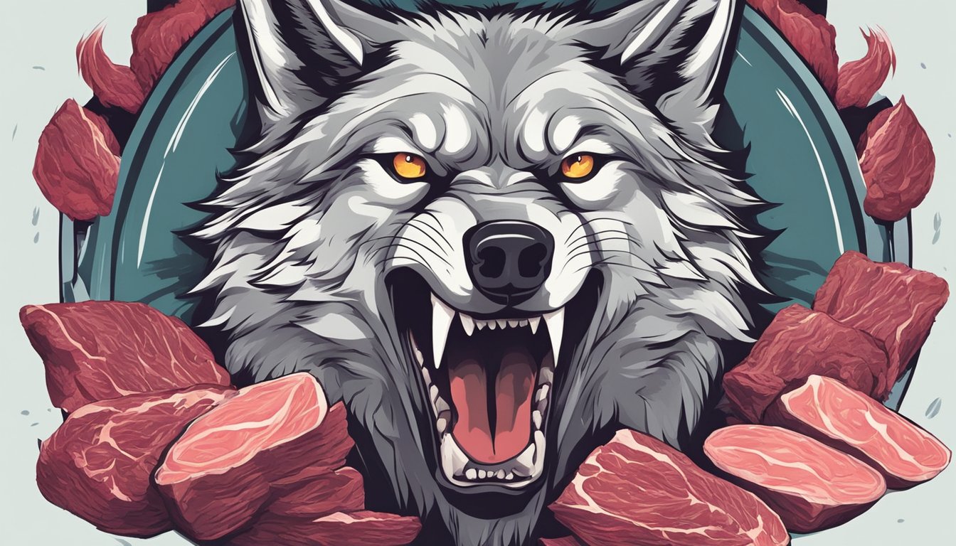 A snarling wolf surrounded by raw meat, its eyes shifting from calm to aggressive