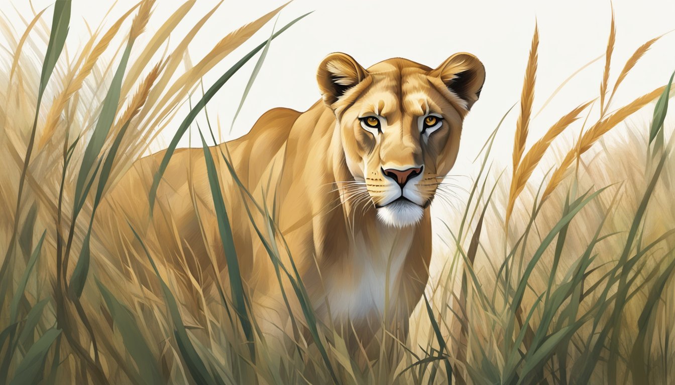 A lioness prowls through tall grass, her gaze sharp and focused, embodying mental clarity on a carnivore diet