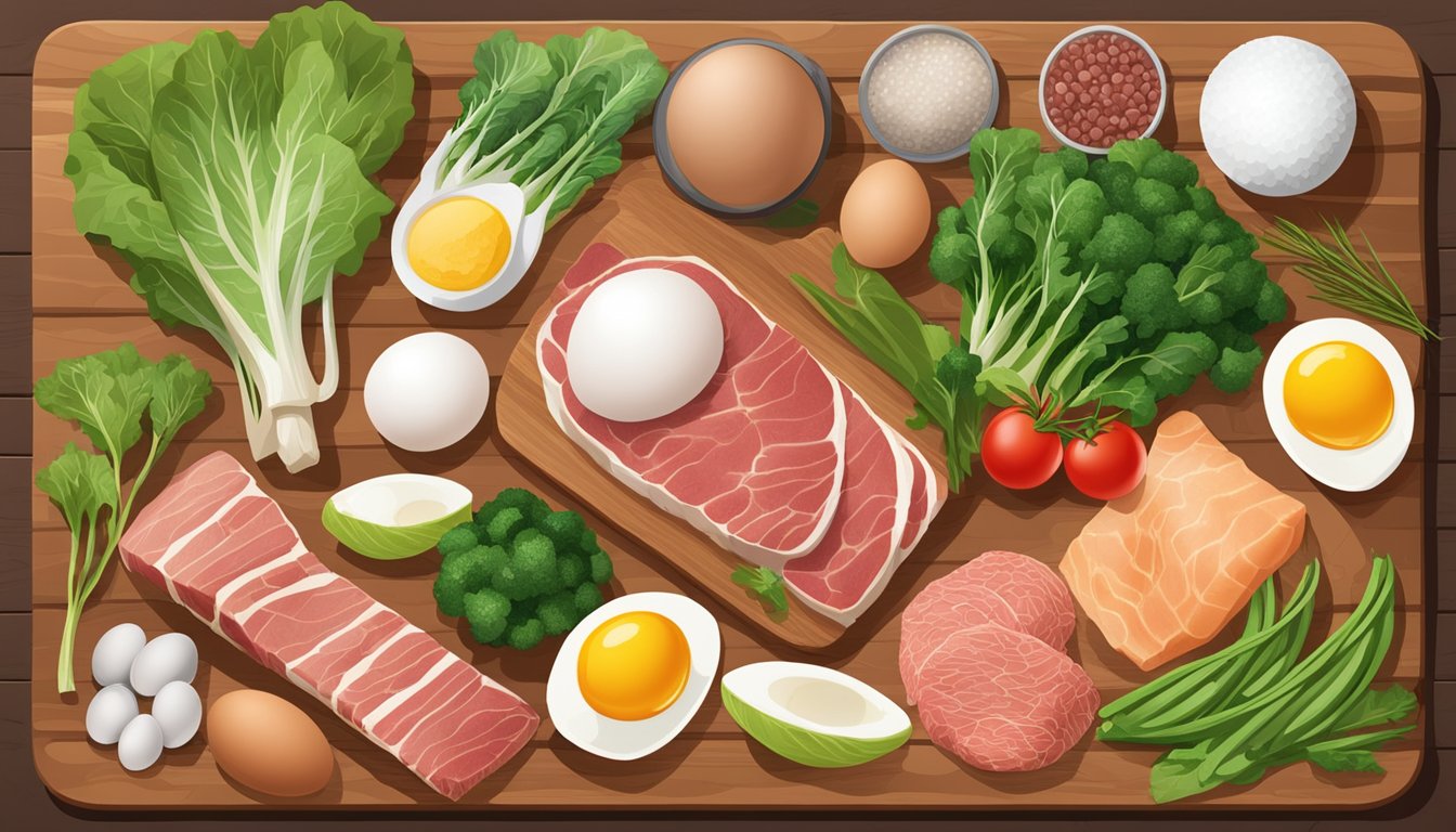 A collection of various mineral-rich foods such as red meat, fish, eggs, and leafy greens arranged on a wooden cutting board