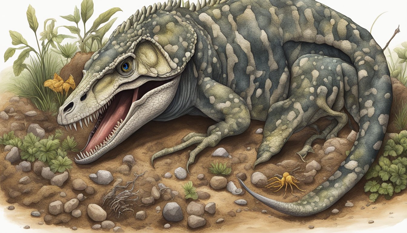 A carnivorous animal consuming prey, surrounded by mineral-rich bones and soil