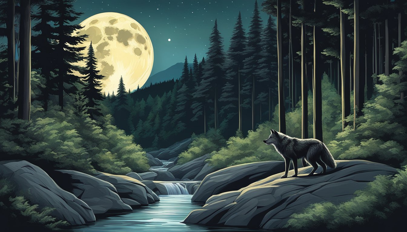 A lone wolf howling under a full moon, surrounded by a lush forest and a flowing river