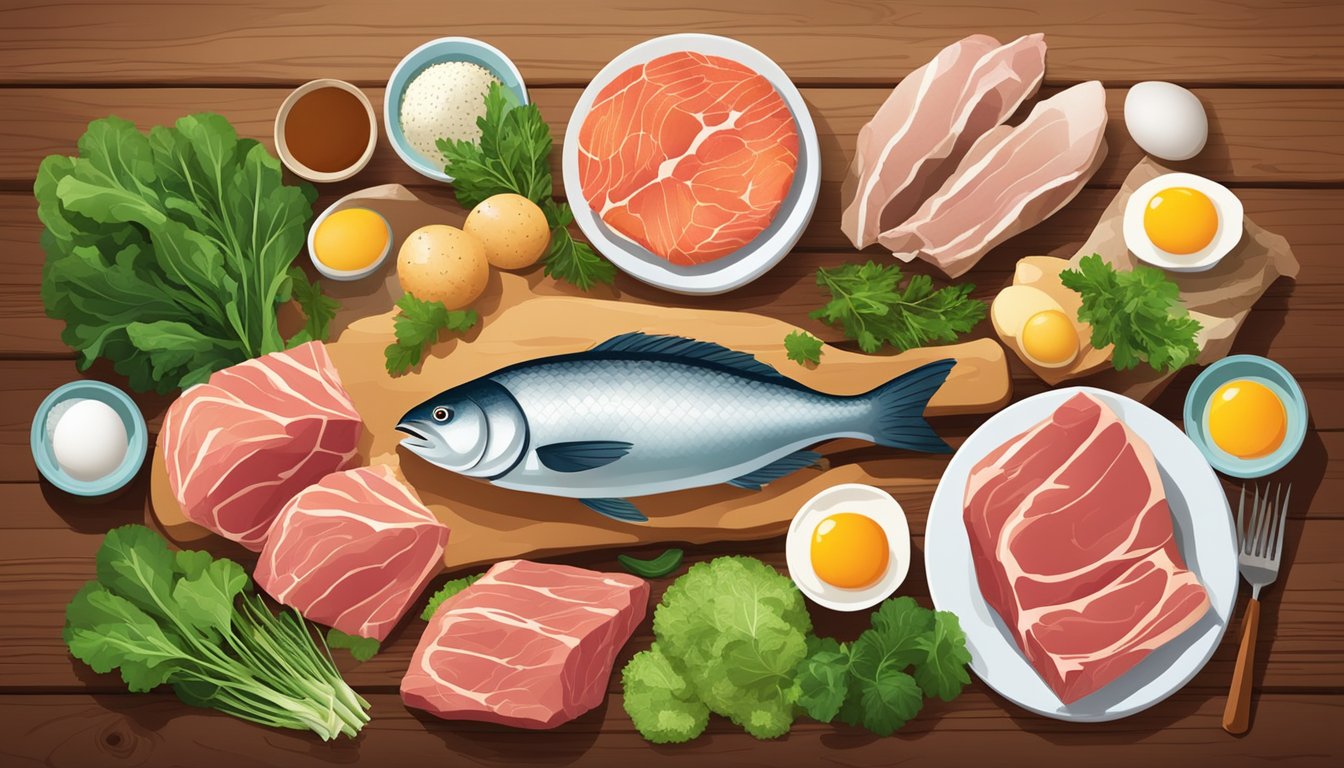 A collection of various mineral-rich foods, such as red meat, fish, eggs, and leafy greens, arranged on a wooden table