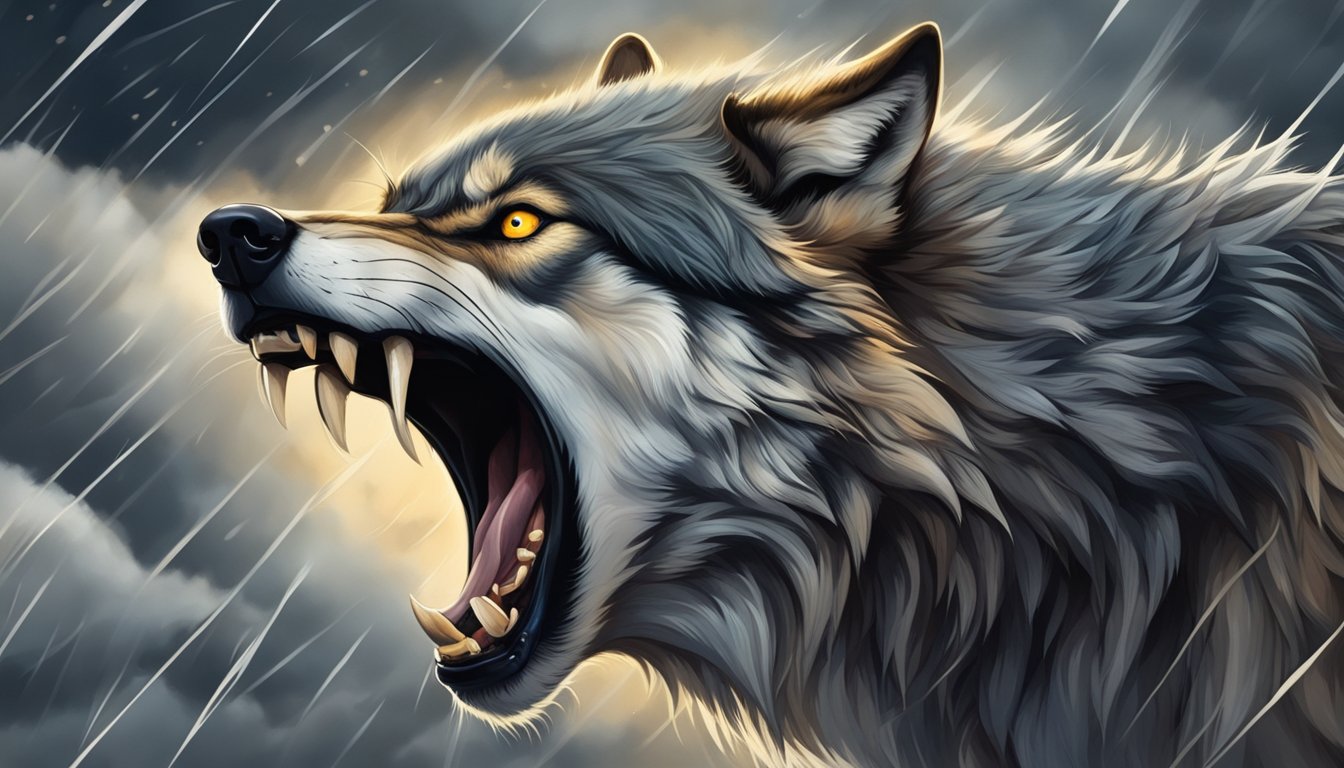 A snarling wolf surrounded by storm clouds, its eyes filled with rage and hunger