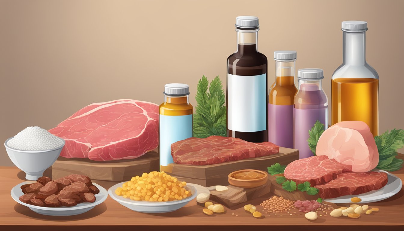 A table with a bottle of NAC and desiccated thyroid extract, surrounded by meat and animal products