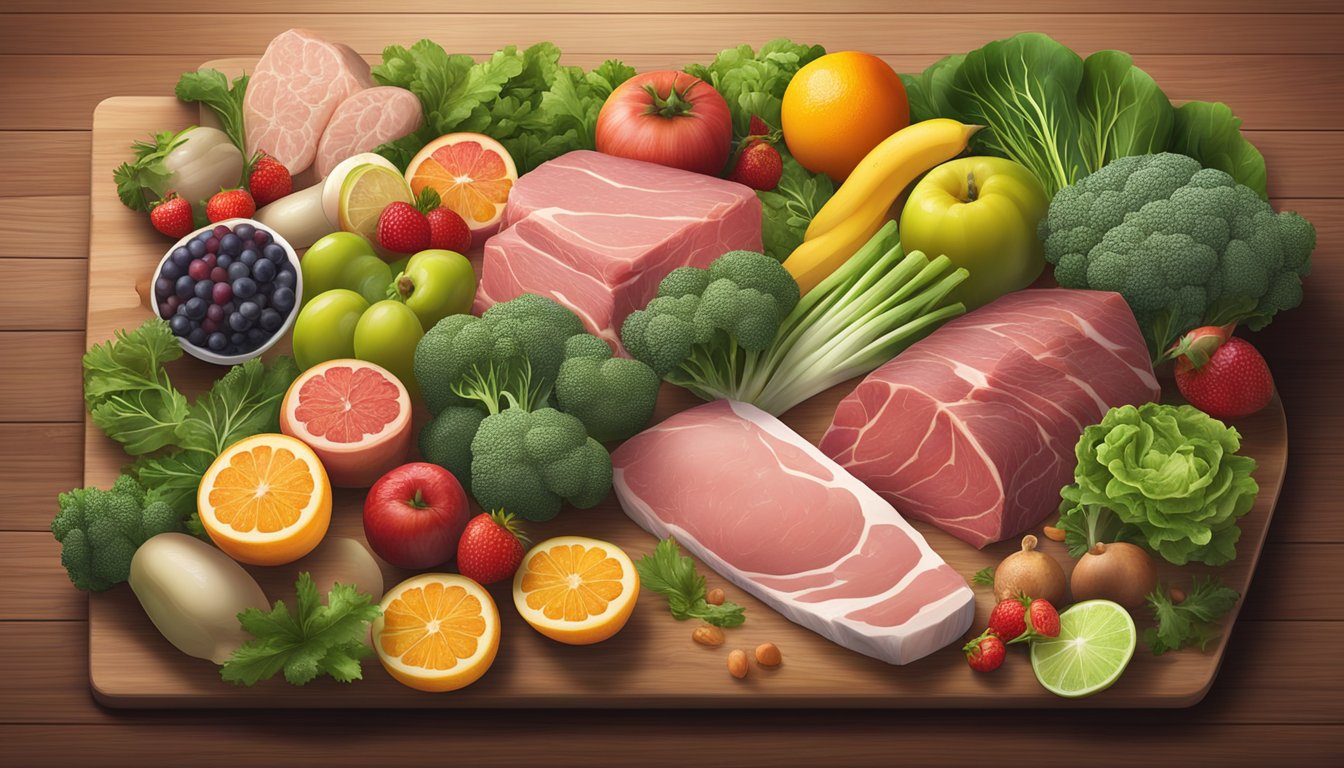 A variety of fresh, raw meats and animal products arranged on a wooden cutting board, surrounded by leafy green vegetables and colorful fruits