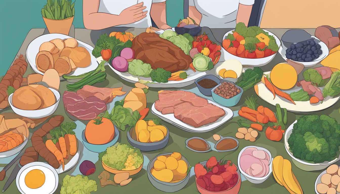 A carnivore diet: a table with various meats, fish, and eggs, surrounded by colorful vegetables and fruits. A person researching autoimmune flares sits at the table, deep in thought