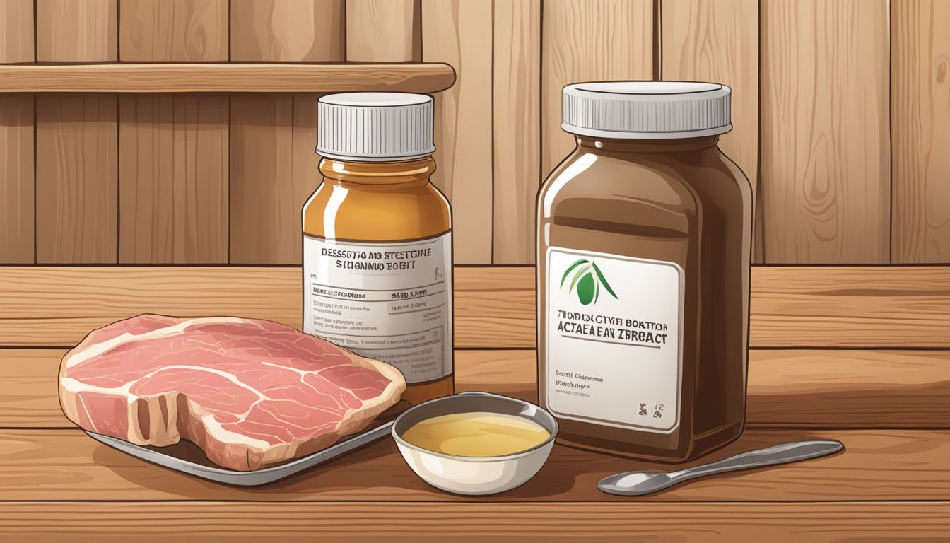 A bottle of N-acetyl cysteine and desiccated thyroid extract on a wooden table, surrounded by fresh meat and bone broth