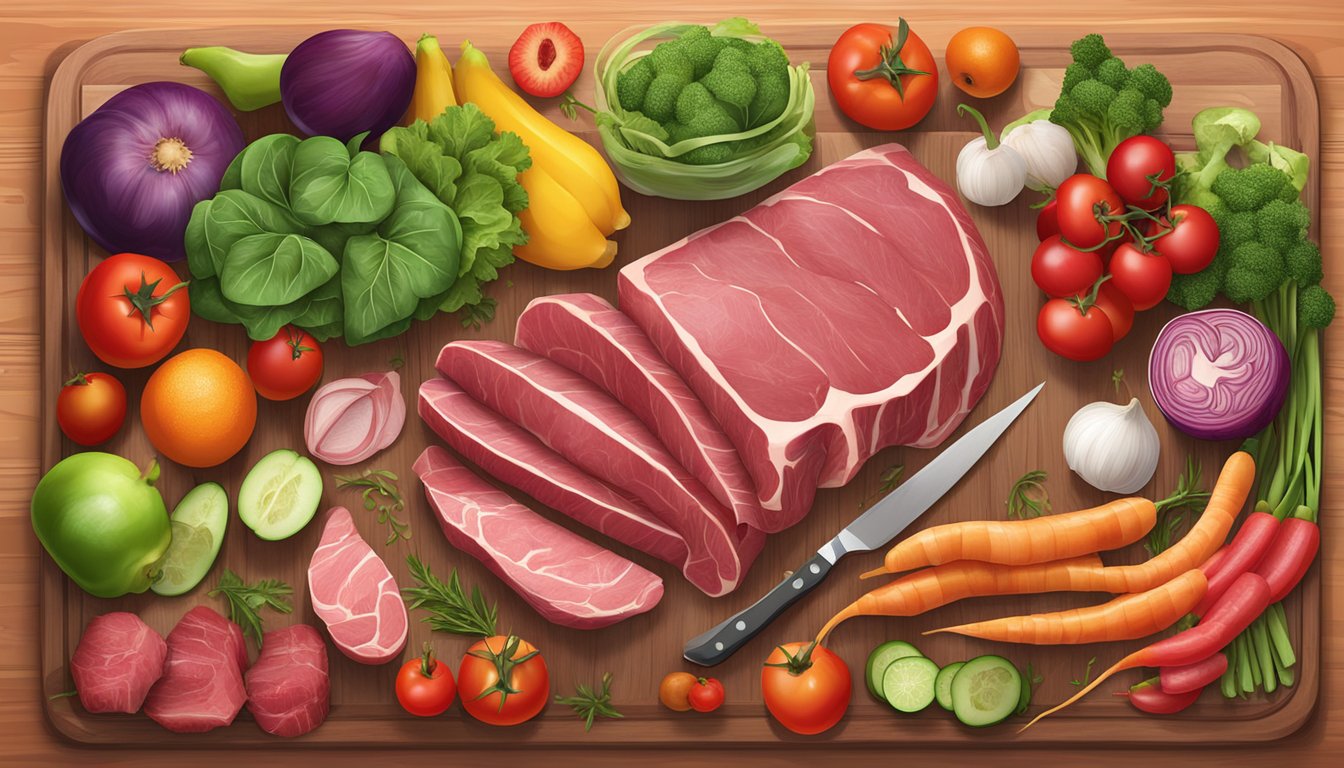 A diverse array of fresh, raw meats and organs arranged on a wooden cutting board, surrounded by vibrant, colorful vegetables and fruits