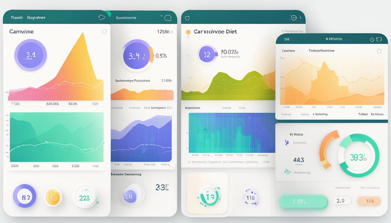 A carnivore diet tracker app displays a graph showing decreasing autoimmune flares and improving health outcomes